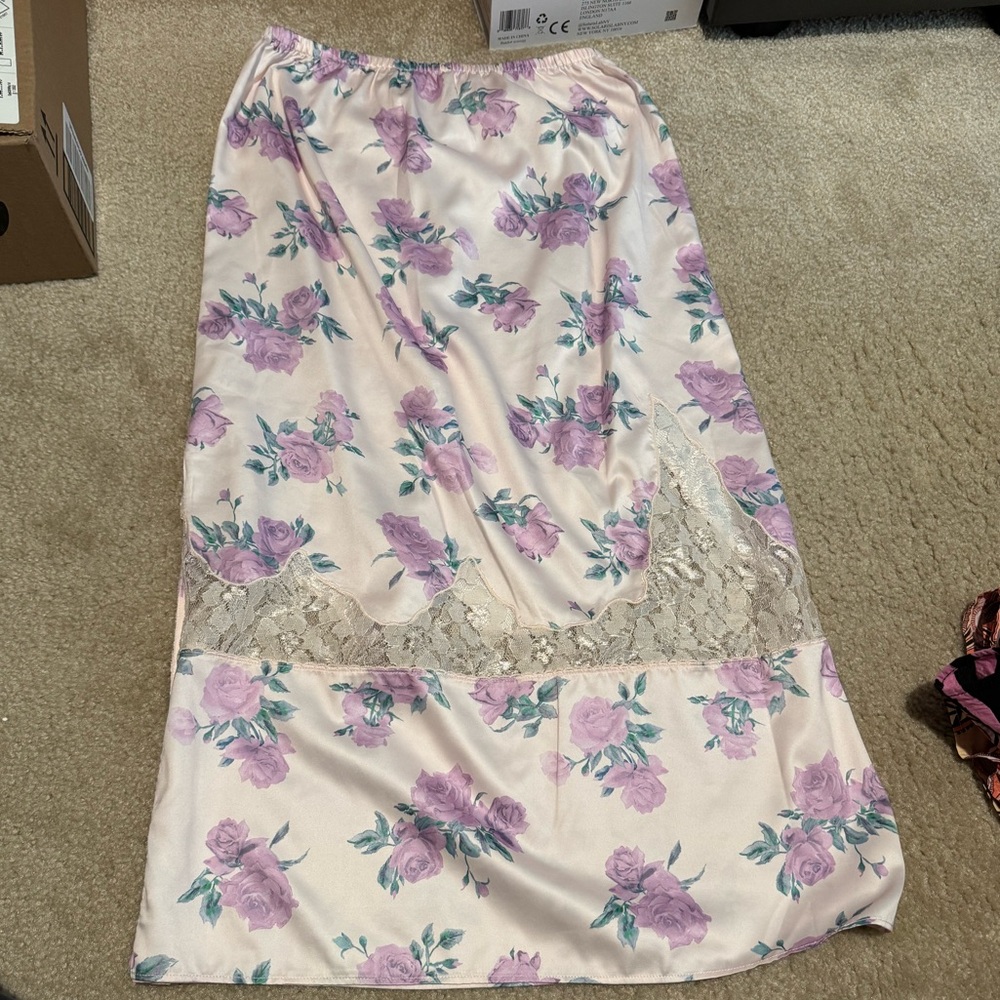 LoveShackFancy floral midi skirt with lace detail